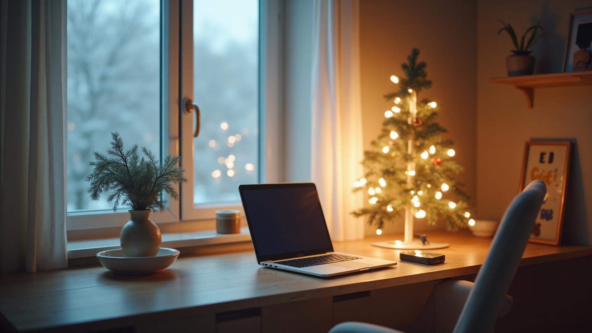 Cozy holiday tech workspace